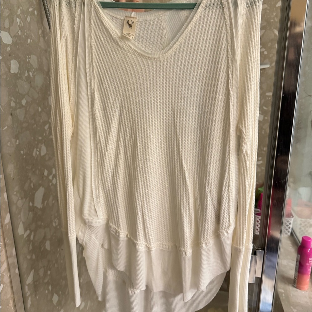 We The Free White Asymmetrical Ribbed Long Sleeve Blouse